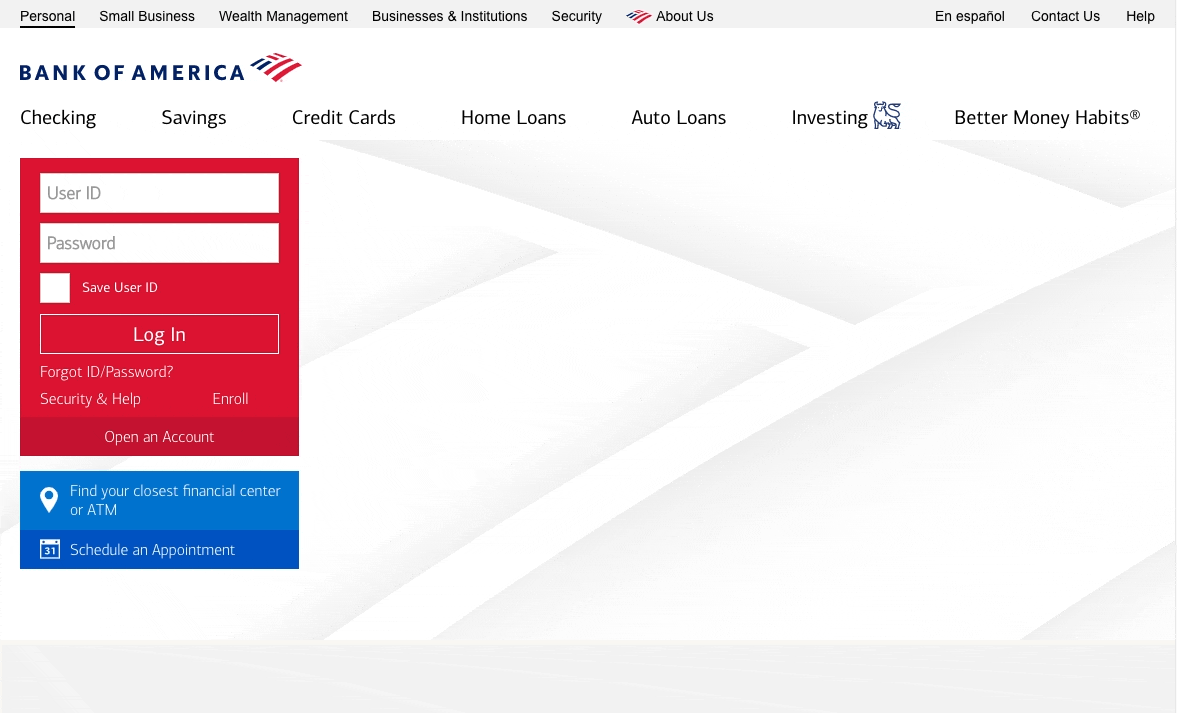 Bank of America homepage showcasing animations and animation interactions. Dynamic headers, credit cards fly in from the right, button interactions.