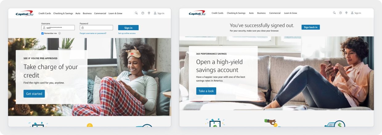 Two examples of Capital One. Each features a different woman on the couch looking at a device and smiling.