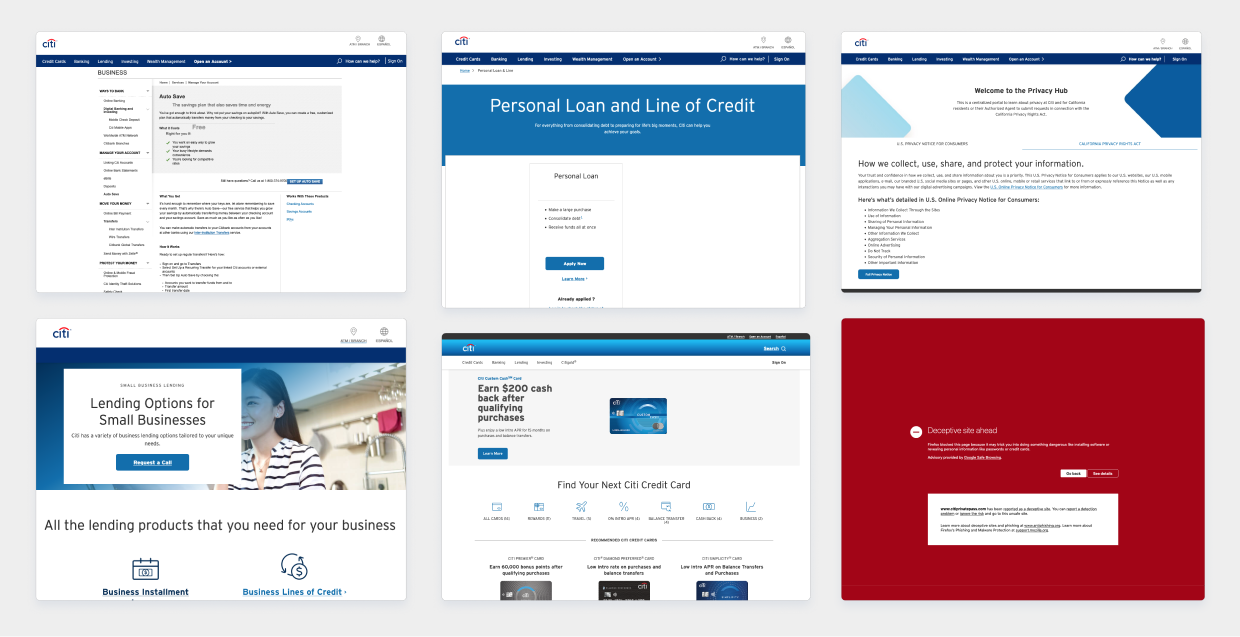 6 random citi.com pages, all different in appearance, with many visual issues. Final image is full red, indicating a security risk.