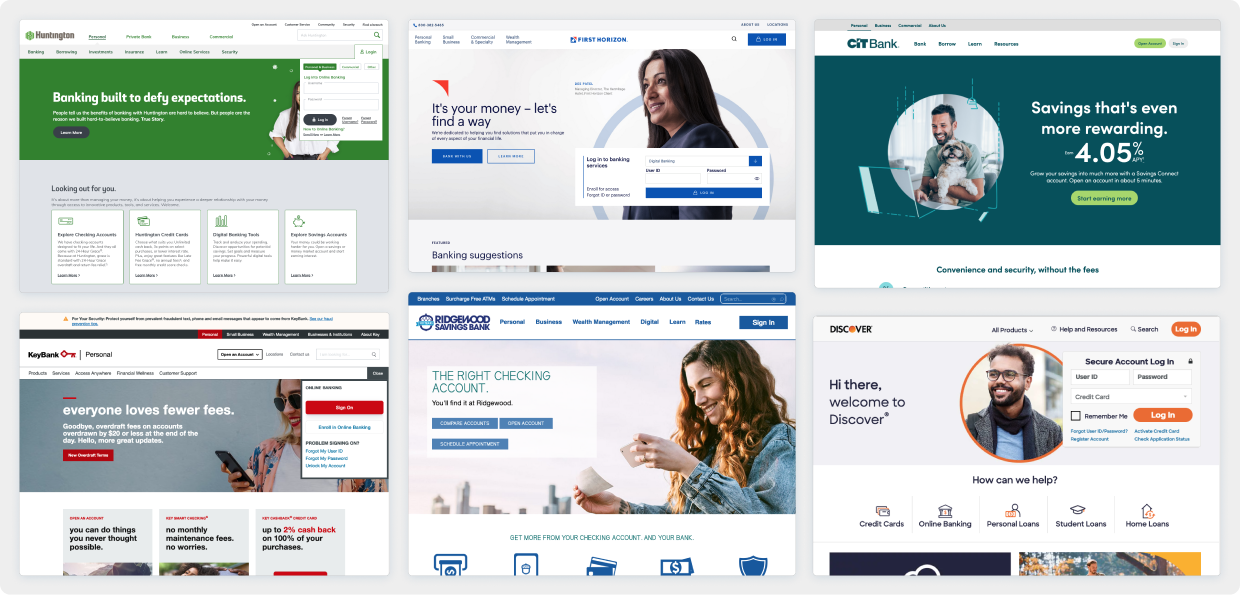 Six different banking site homepages, all featuring headshot profiles of smiling people looking at their devices or off into the distance.