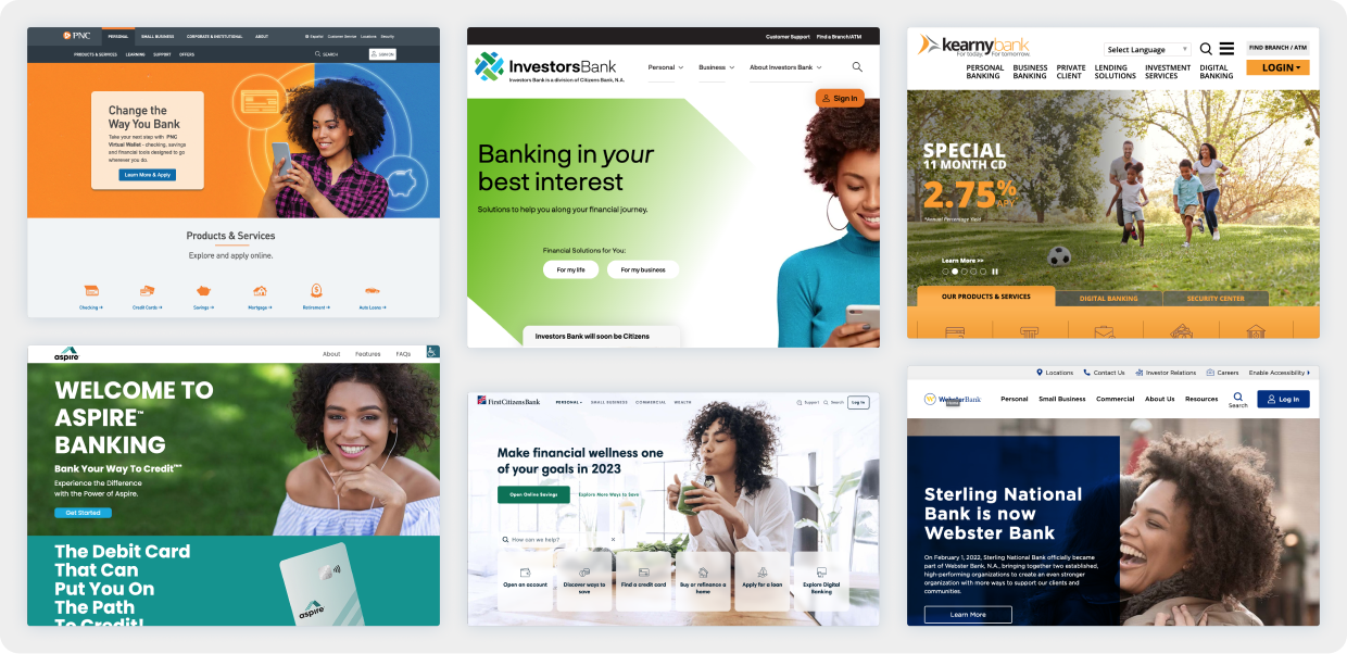 Six different banking homepages, each featuring a stock model with the same physical characteristics, almost identical.