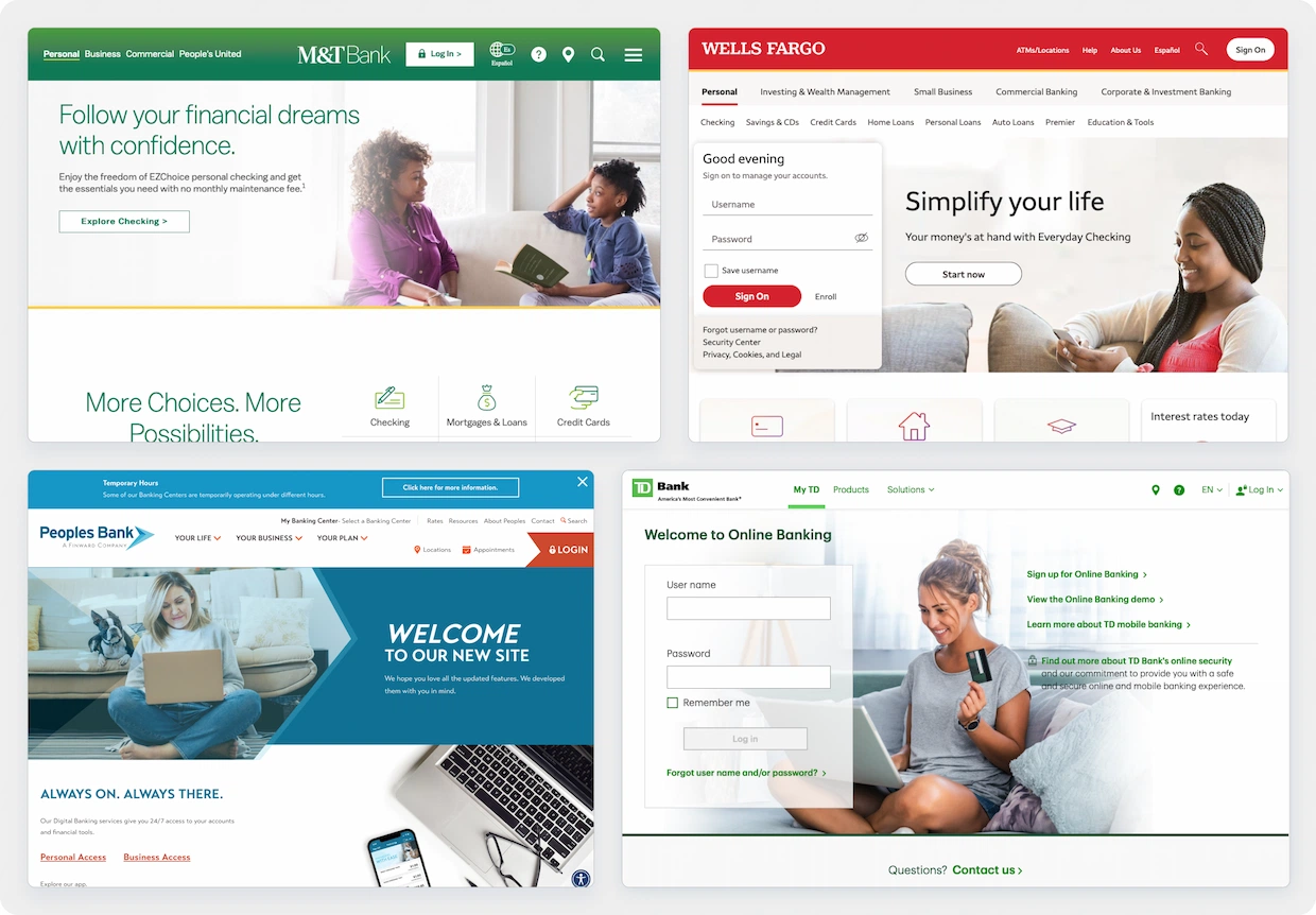Four website homepage examples, each features a woman sitting, smiling, on a couch.