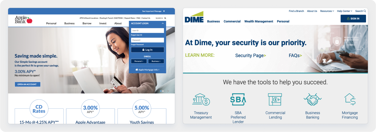 Two homepages, very light, low contrast featuring devices and people appearing to be doing their banking online.
