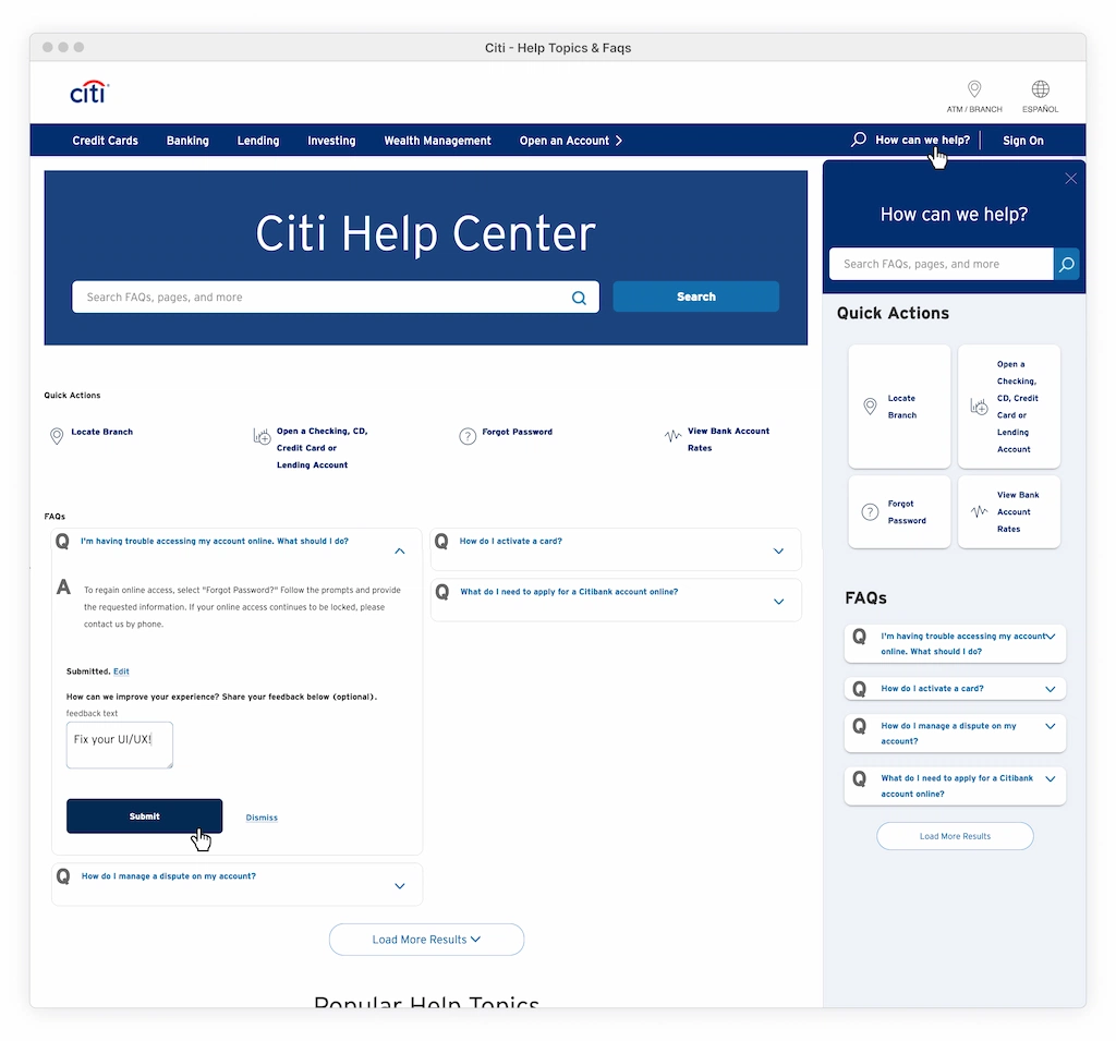 Desktop Citi Help Center View
