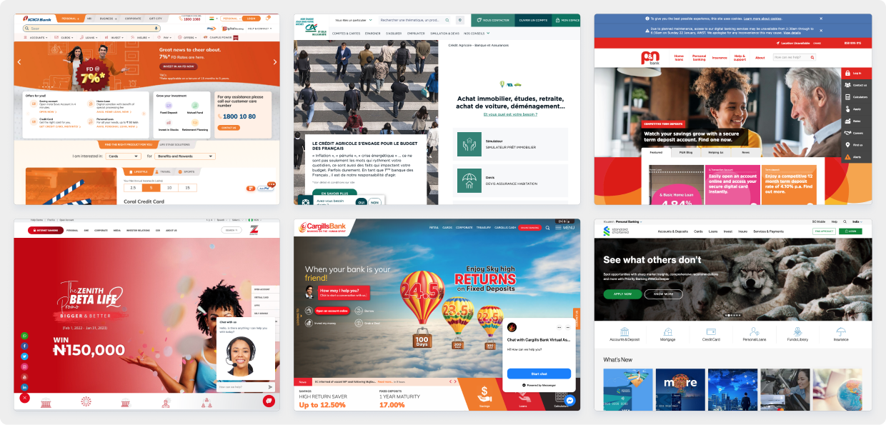 Six homepage examples of international banks. Many very busy with multiple elements and clashing colors.