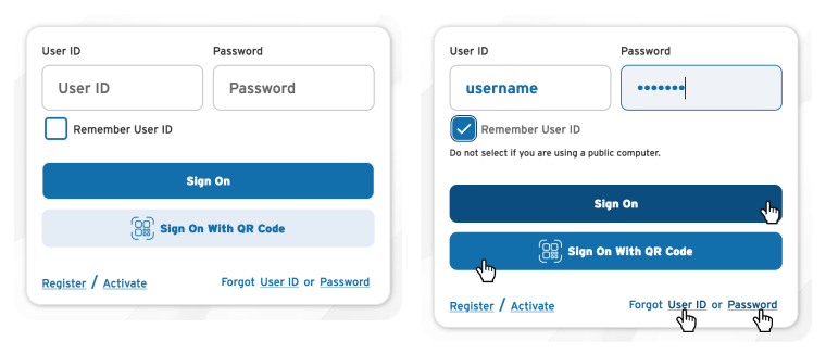 Two instances of the Sign On Module. One normal, second with all the interactive states. Sign-On module showing static and interactive states with field inputs, dropdowns and hover styles