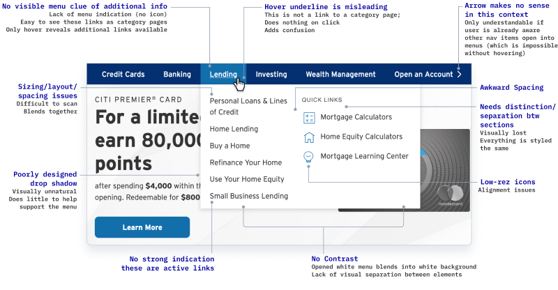 “Lending” navigation option opened. Notes surround the image outlining multiple issues.
