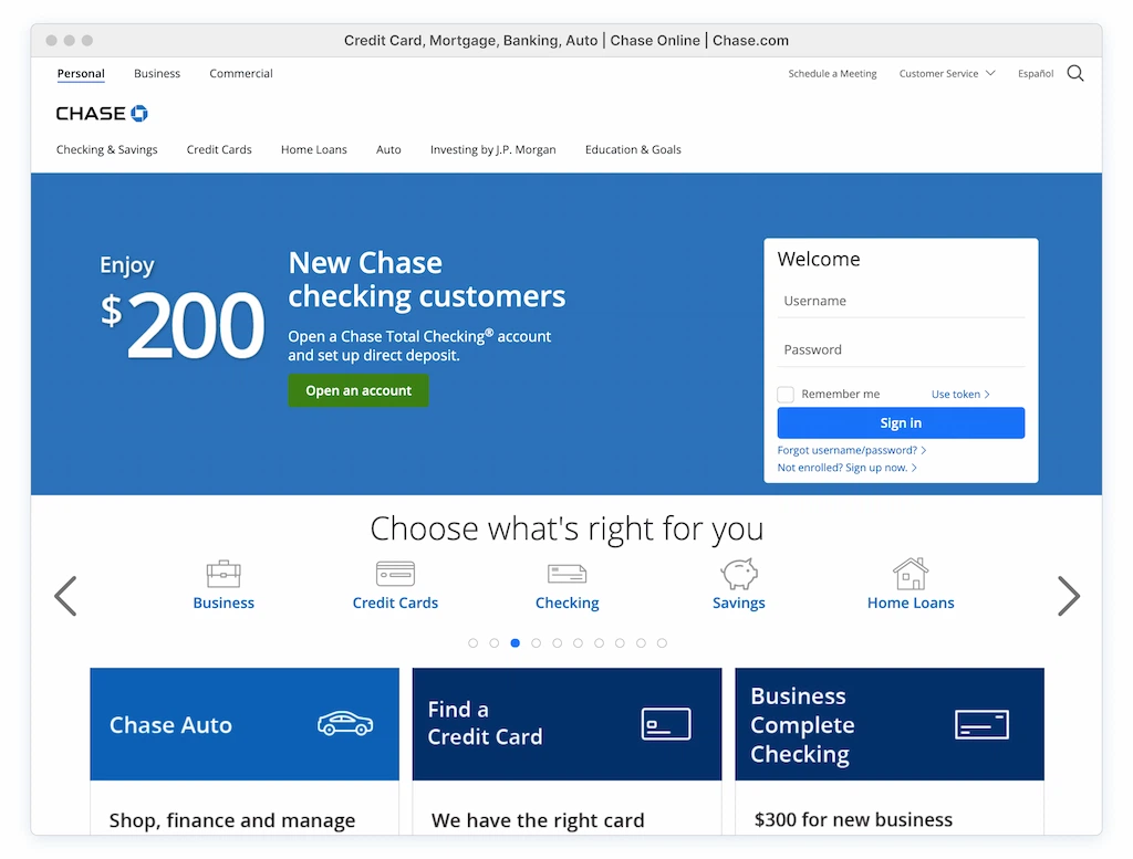 Chase.com homepage; featuring simple CTA and clean sign on section in the hero.