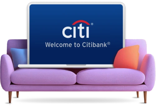 Illustration of couch and computer laptop displaying the Citibank logo and Welcome to Citibank tagline
