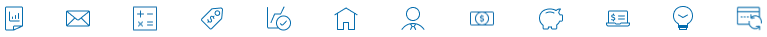Twelve common icons found on the citi.com site. Style is thin lined, blue.