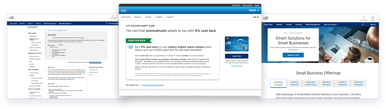 Three inner site pages, all styled differently.