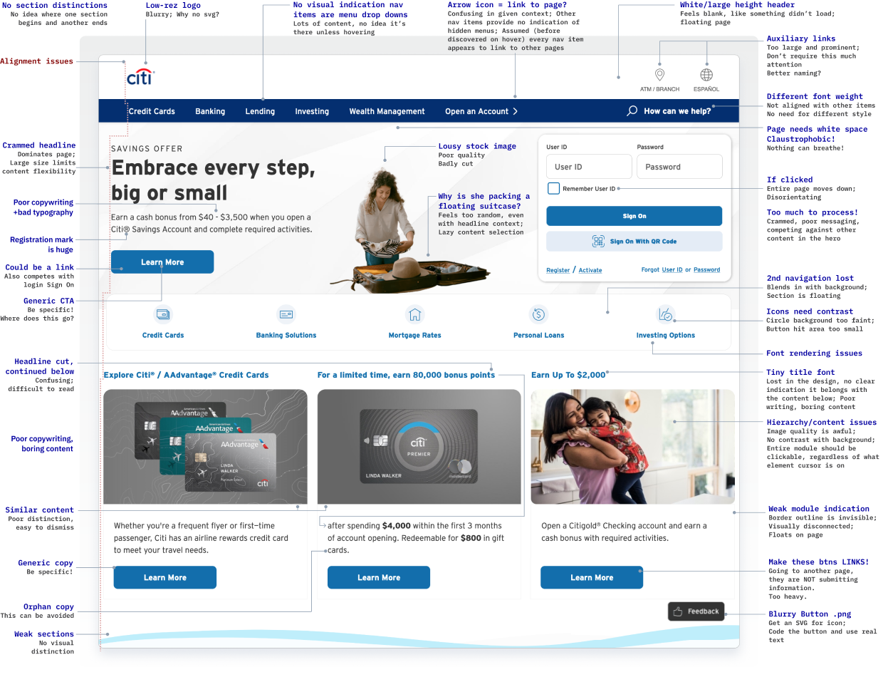 Homepage mocked up with notes pointing out all the various problems.