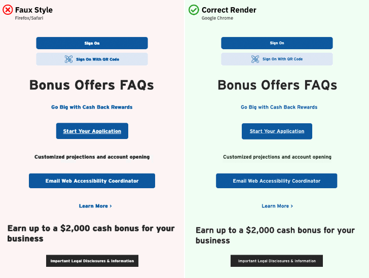 Series of incorrectly rendered site elements compared to their correctly rendered versions; dependent upon browser