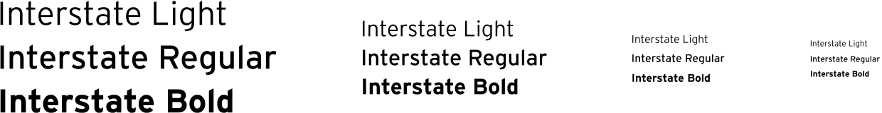 Interstate Font shown in Light, Regular and Bold. Each shown in four different sizes.