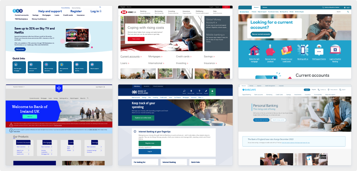 Six homepage examples of UK banks. Many very busy with multiple elements and clashing colors.