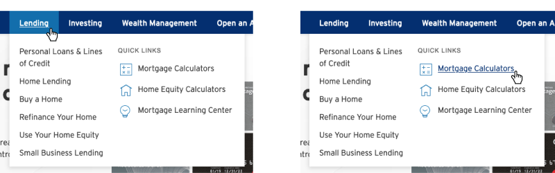 Two instances of the “Lending” navigation menu opened; One with hover instance shown, second instance hover disappears when user goes into the module.