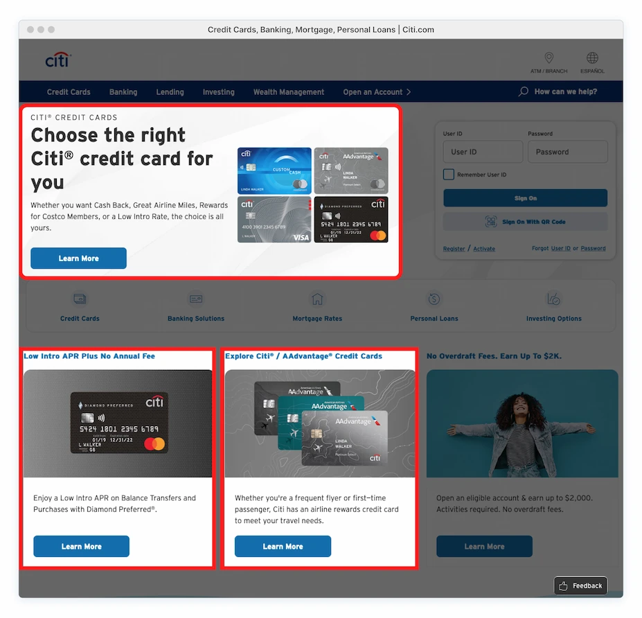 Citi.com homepage: areas marked with red border indicating where similar images are used multiple times.