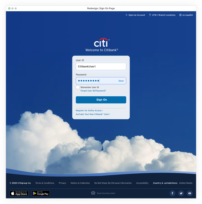 Citi logo and welcome to Citibank above a Sign-On module centered against a blue background with puffy clouds.