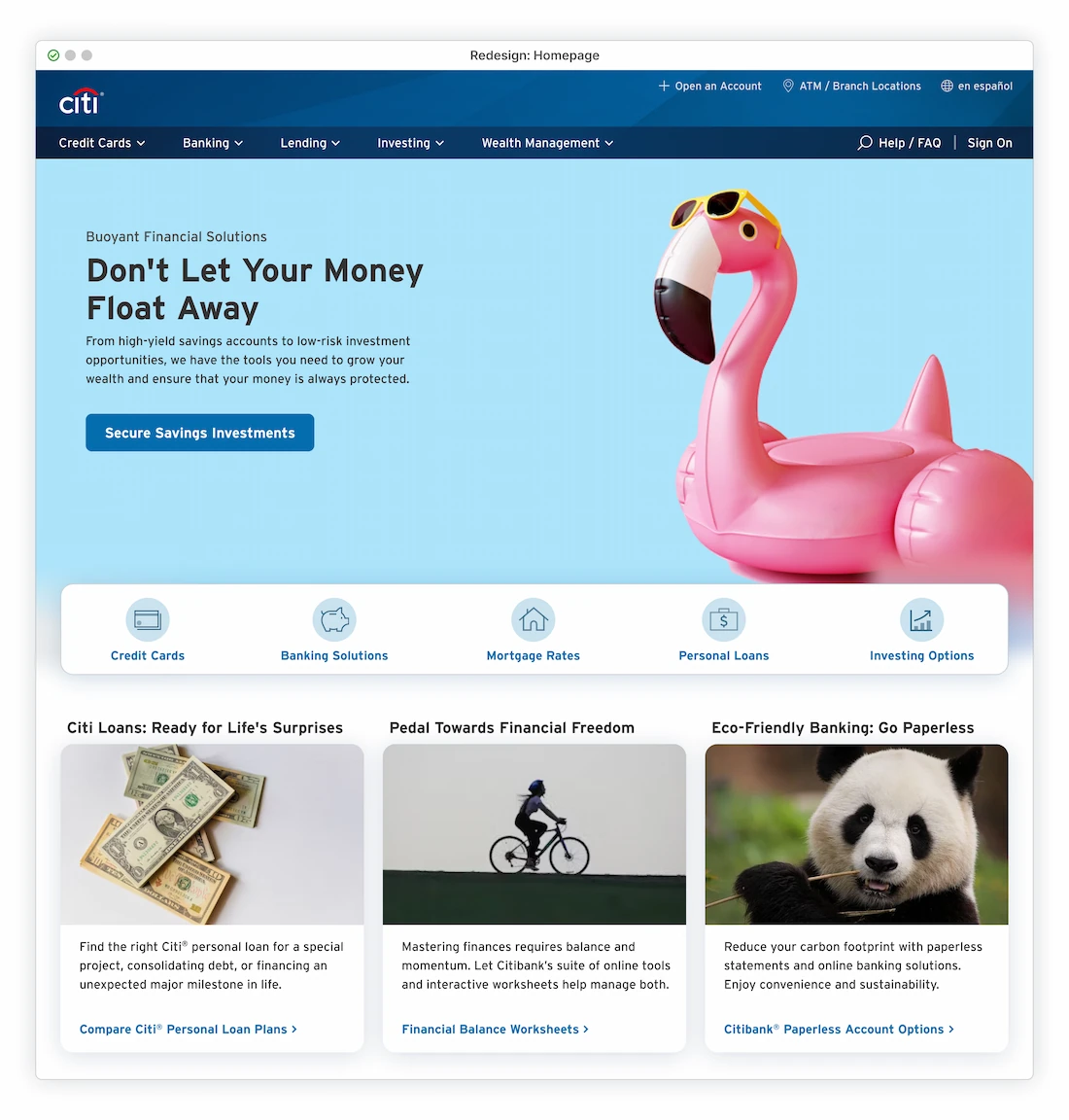 Hero image of plastic pool flamingo with copy 'Don't let HYour Money Float Away'