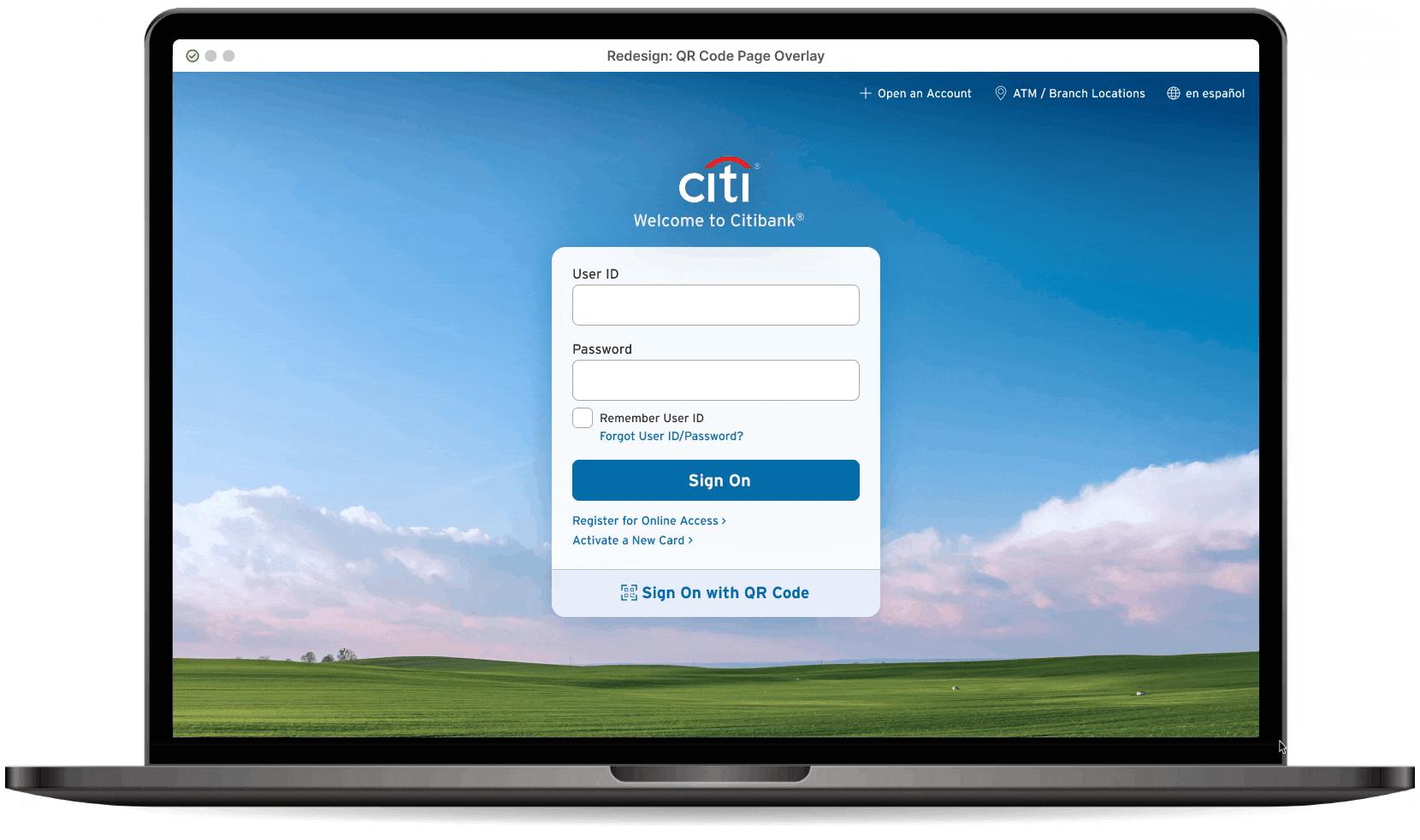Laptop showing animated interaction of opening the QR overlay and accessing the code
