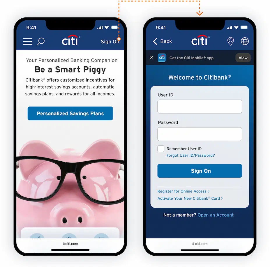 Mobile Homepage with giant piggy bank with glasses. Sign on Page with big login module with ‘Welcome to Citibank’ copy above it.