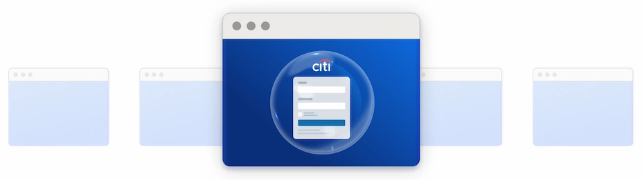 Illustration of webpage with Citi Sign-On module contained in a bubble. In the background are faint web browsers lined up in a row.
