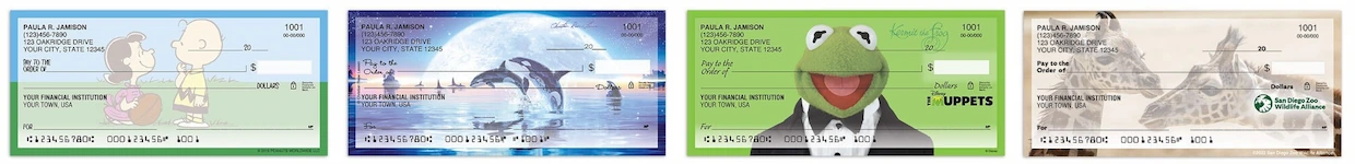 Four checks: Peanuts, illustration of killer whales leaping out of water, Kermit the Frog, photograph of two giraffes.