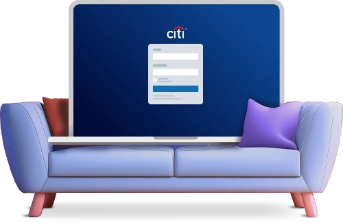Illustration of couch with a computer laptop with the Citibank login module