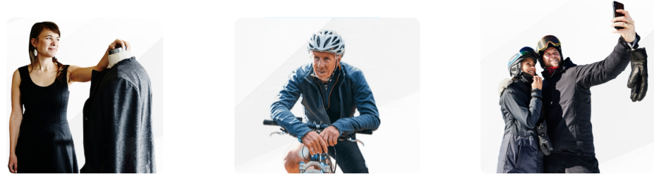 Three images sitting on blank backgrounds. All low quality. Woman posing with man’s suit, older man resting on bike, couple taking a selfie while dressed in winter jackets and ski goggles.