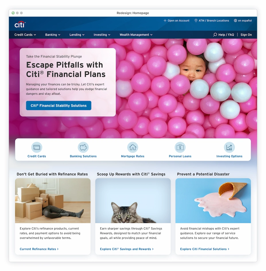 Hero image full of pink balls with only the eyes of a child looking out with copy 'escape pitfalls with Citi Financial Plans'
