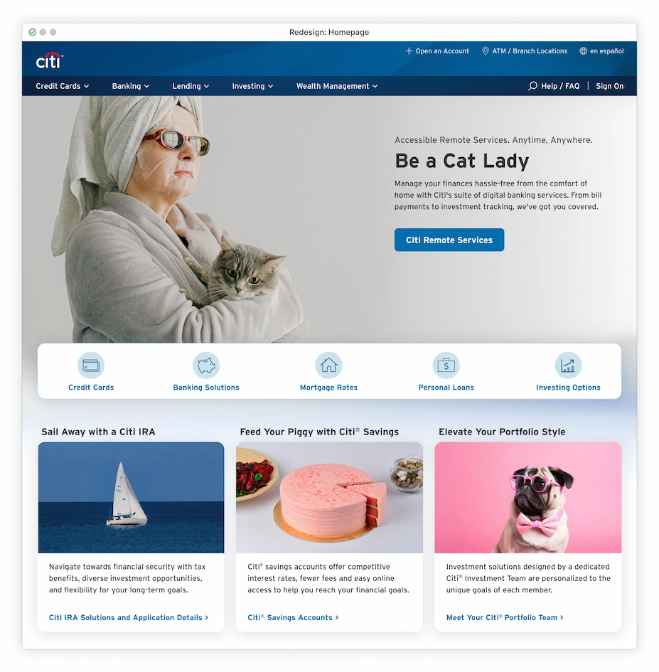 Hero of a woman wearing sunglasses, robe and holding a grey cat. Copy 'Be a Cat Lady'