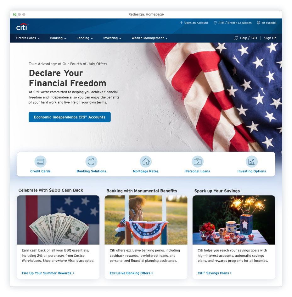 Hero featuring American flag in right corner with the copy 'Delare Your Financial Freedom'