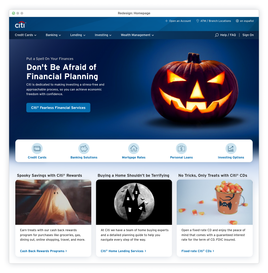 Hero featuring lit pumpkin against a dark blue background with copy 'Don't Be Afraid of Financial Planning'