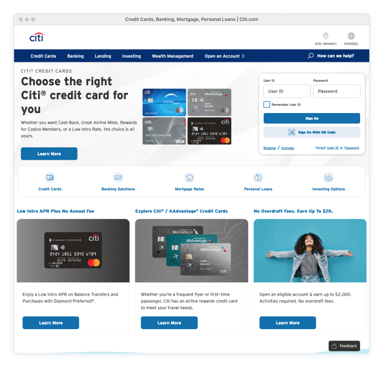 Current citi.com Homepage showcasing the hero section, Sign on area and secondary navigation and three card modules.