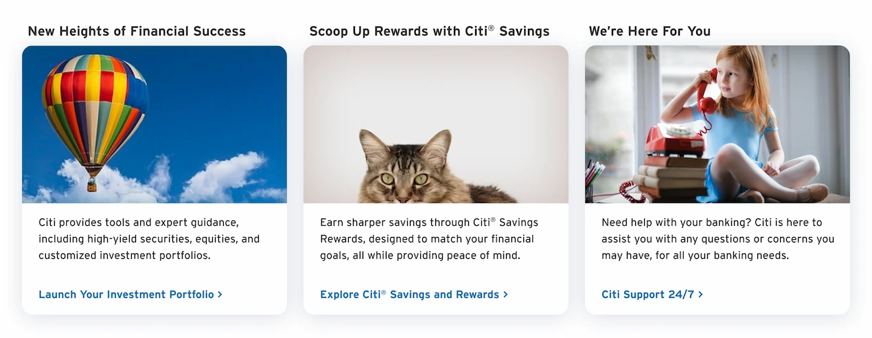 Three module cards with creative images and copy. Image 1: a balloon, Image 2: a cat, Image 3: a girl on the phone.