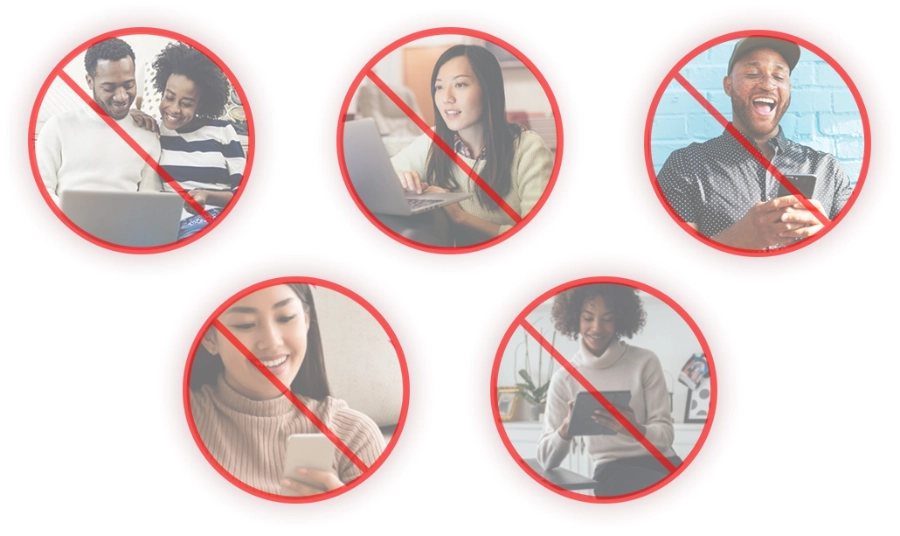 Citi.com: Images used across the site. Five individual images of random people smiling at their devices with a big red cross over each.