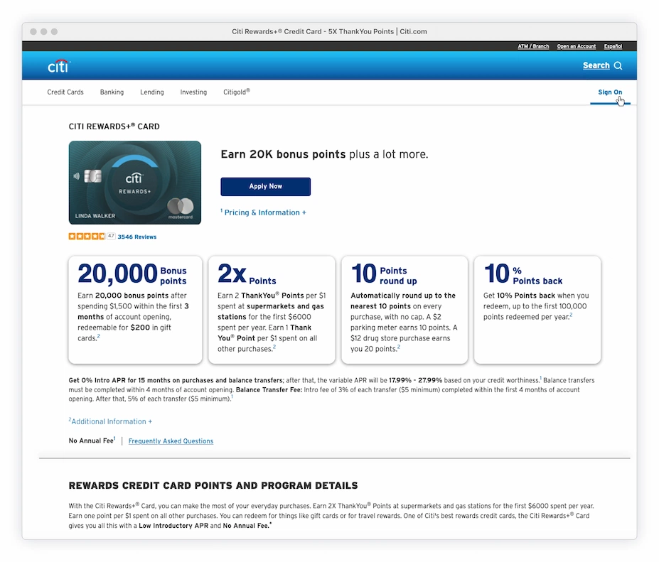 Citi Rewards+® Credit Card Page with cursor hovering over Sign On in the header