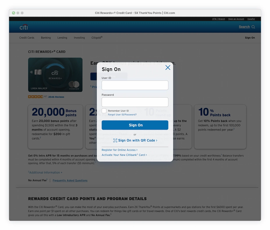 Citi Rewards+® Credit Card Page with Sign On overlay module sitting against a darkened background