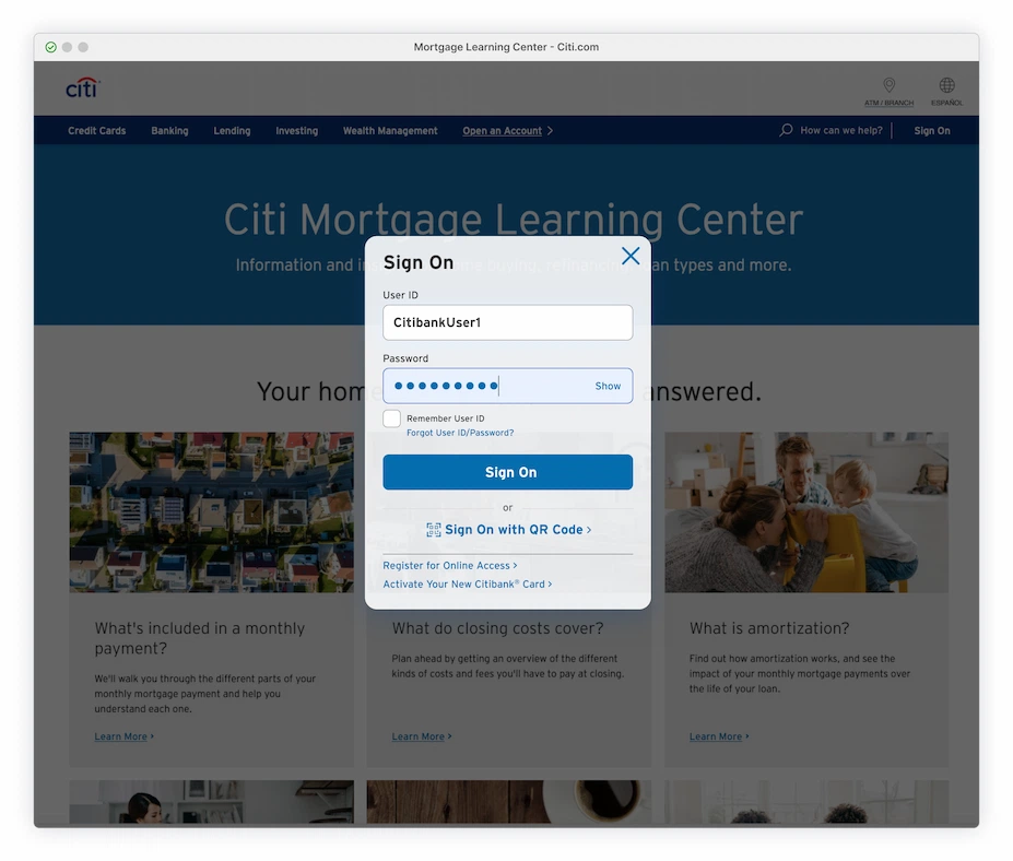 Mortgage Learning Center Page with Sign On overlay module sitting against a darkened background. User ID and Password fields have been filled in