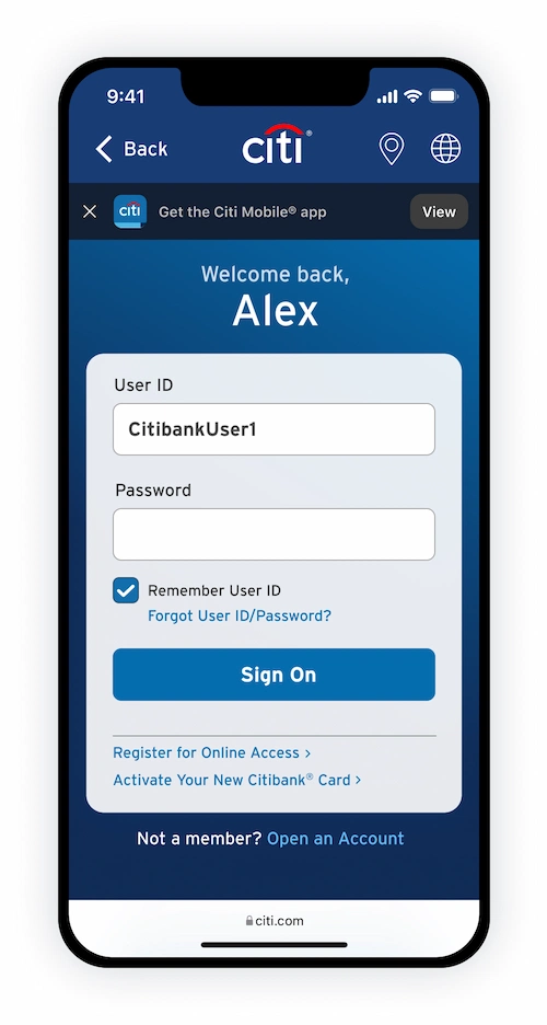 Branded version with citi gradient behind Sign on module with ‘Welcome back, Alex’ messaging on the top