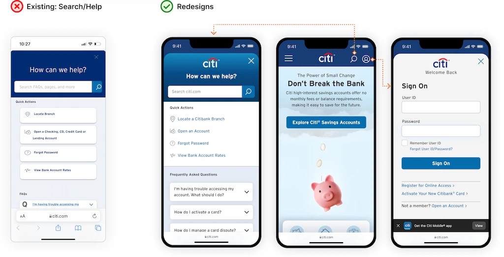 Current citi.com How can we help on mobile device next to three redesigned mobile devices: including  How can we help, the homepage and Sign-On page along with flow arrows