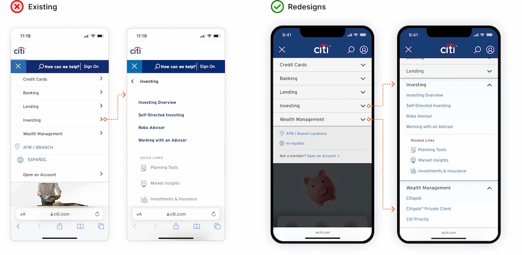 Current citi.com navigation opened on mobile device; next to redesigned versions with flow arrows