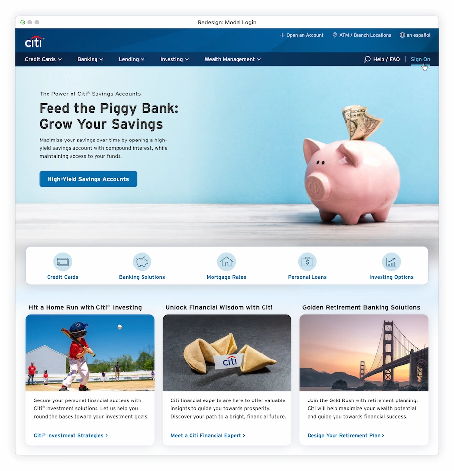 Homepage with piggybank hero image and cursor hovering over Sign On in the header