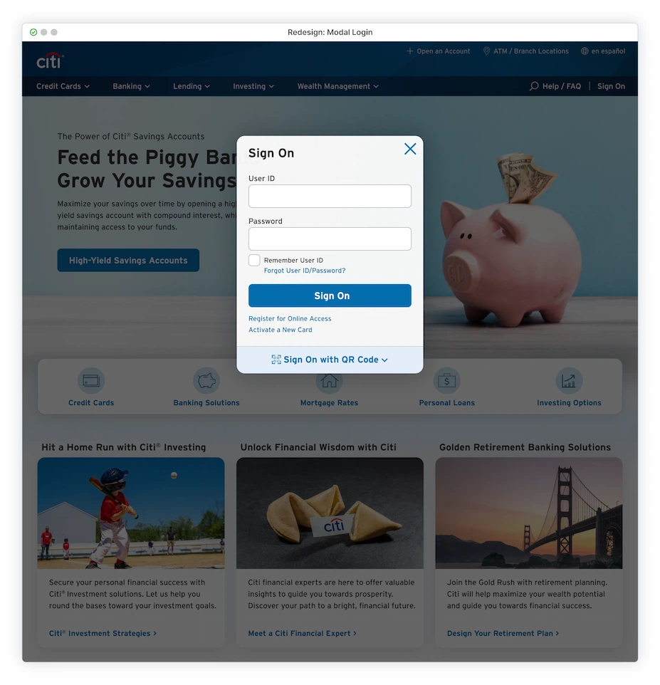 Sign On overlay module sitting on top of homepage against a darkened background.