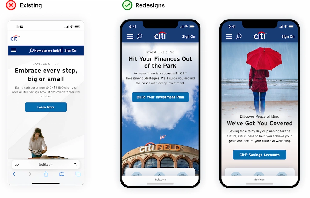 Existing mobile homepage vs two redesigned homepages each featuring different content