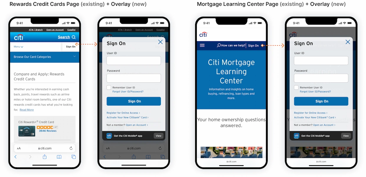 Two mobile examples of random inner pages with Sign On Module overlay instances applied