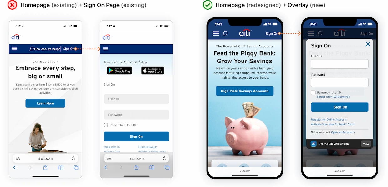 Two phone examples of homepage and Sign on page next to redesigned versions