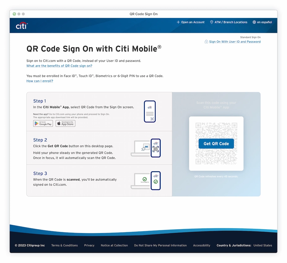 Full page with only QR Code instructions on the left, with a 'get QR Code' button to the right