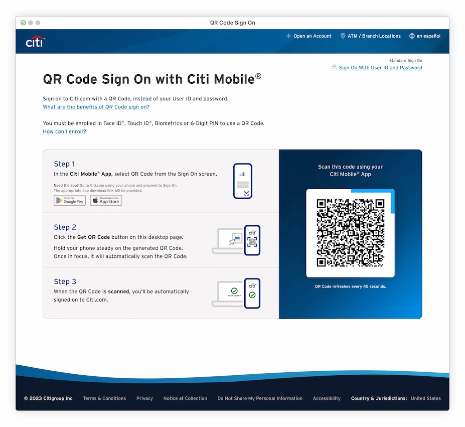 Full page with only QR Code instructions on the left, with a 'get QR Code' button to the right that has been activated, showing the code to be scanned and with the countdown