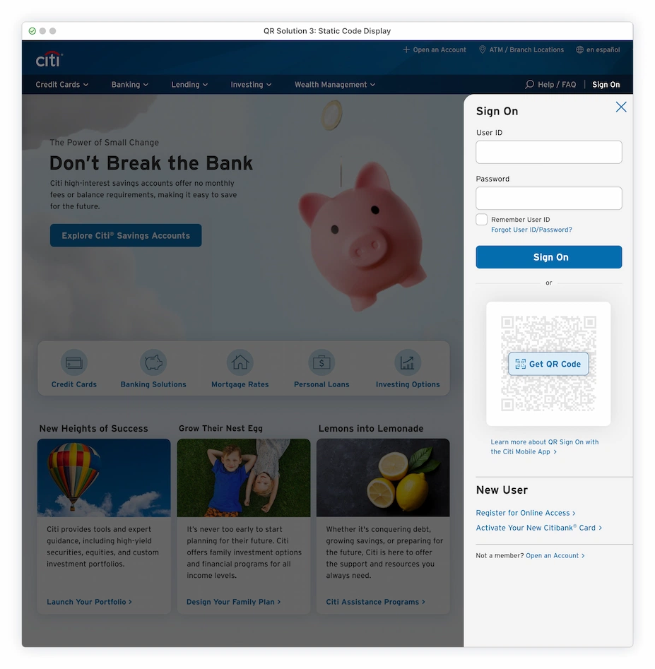 QR Code module option placed in full view  under Sign On button